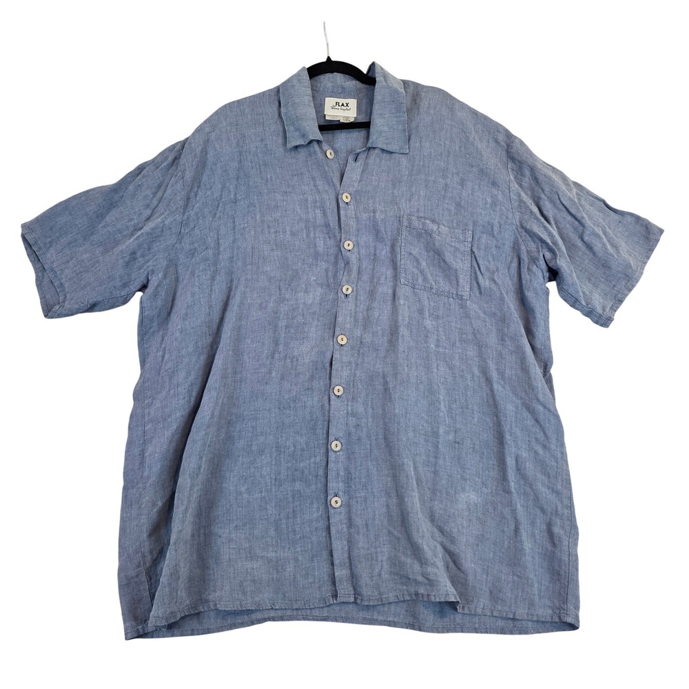 Flax Jeanne Engelhart Blue 100% Linen Button Front Short Sleeve Tunic Womens 1X